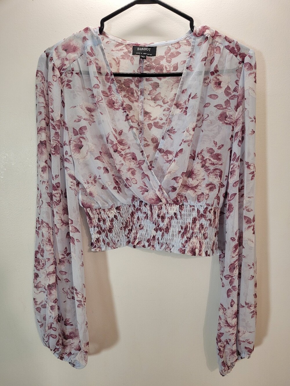 Bardot - Revolve - Mable Blouse In Sky Blue Floral Sheer Smocked Waist Top- M
